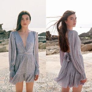 Sabina Musayev lavender lilac light purple gold metallic pleated Mars mini dress